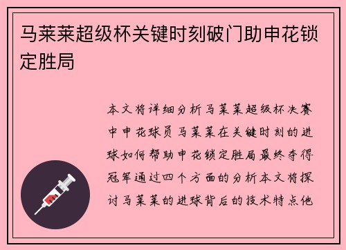 马莱莱超级杯关键时刻破门助申花锁定胜局 马莱莱超级杯关键时刻破门助申花锁定胜局